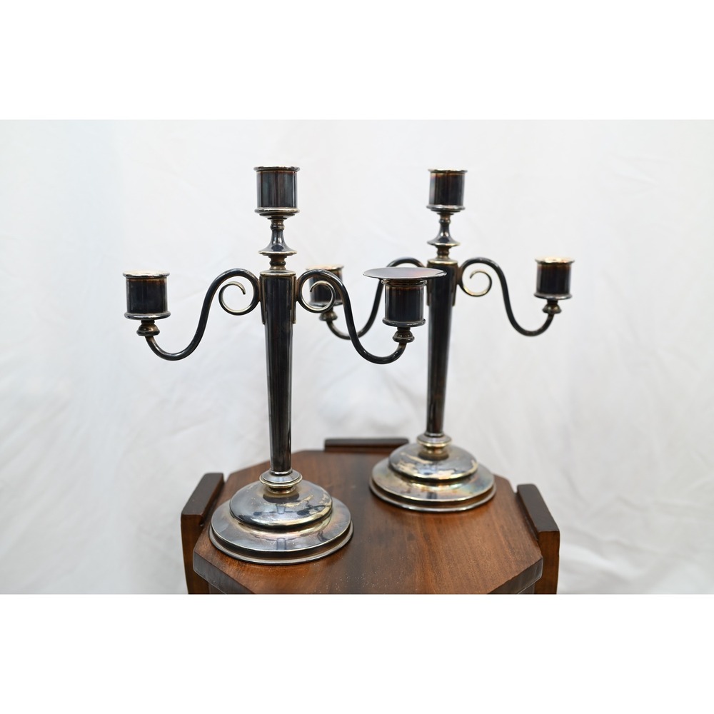 H&H 11452 Silver Plated Candelabras Set of Two Vintage 3-Light Candle Holders